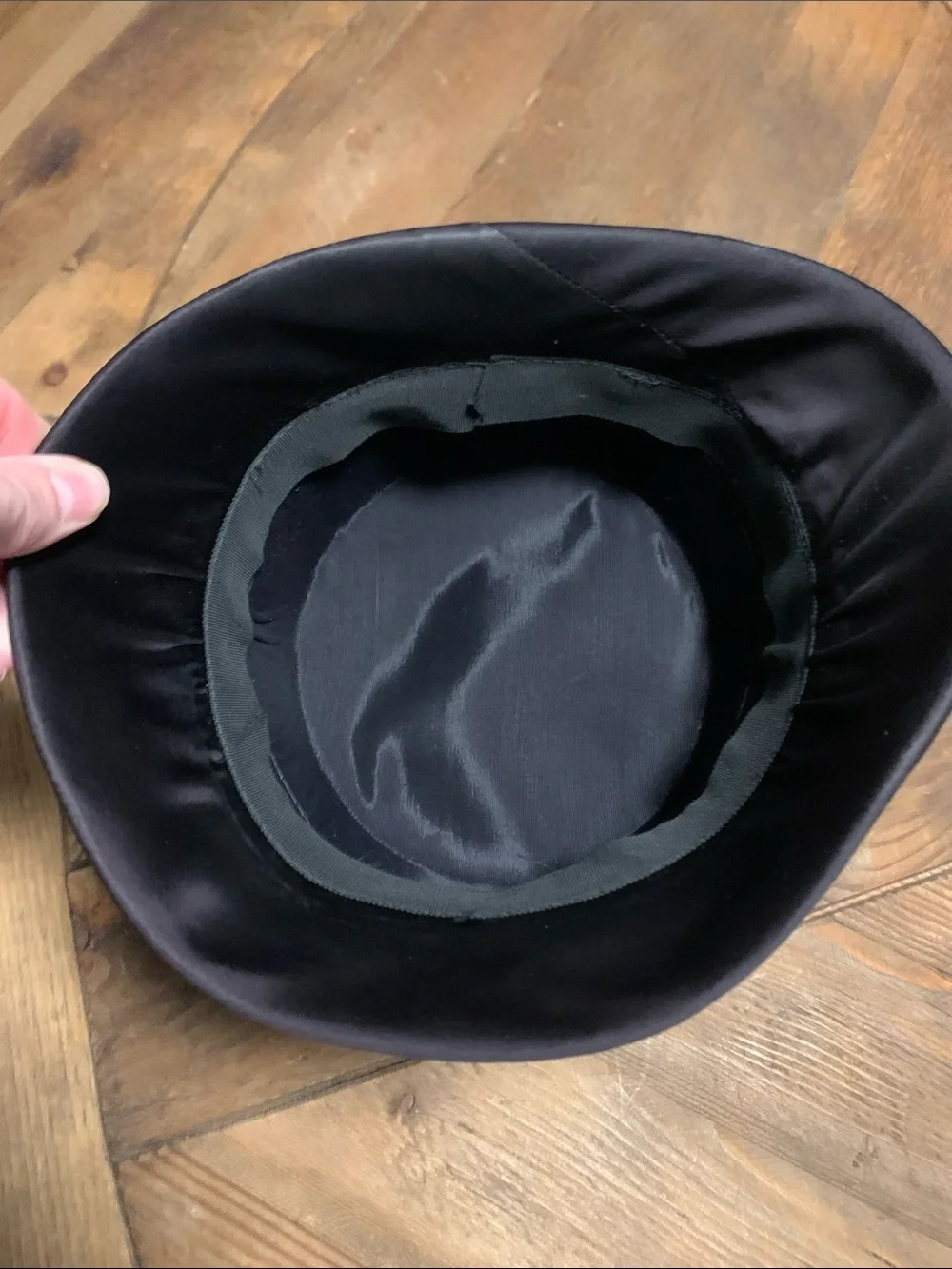 Vintage cherry black satin hat with rhinestone accent